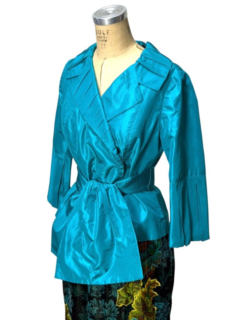 Vintage CARLISLE Teal Silk Dupioni Wrap Jacket /Evening Blouse w/ Ruched Collar - Picture 2 of 11
